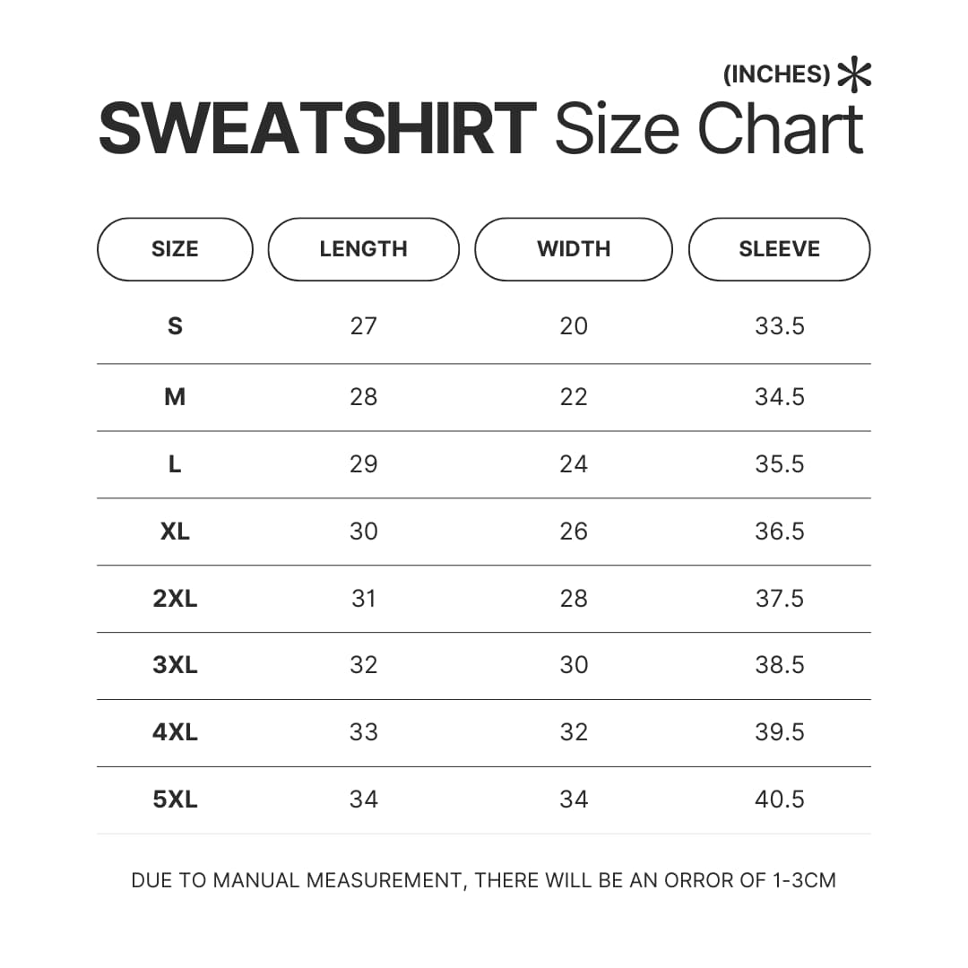 Sweatshirt Size Chart - Soul Eater Shop