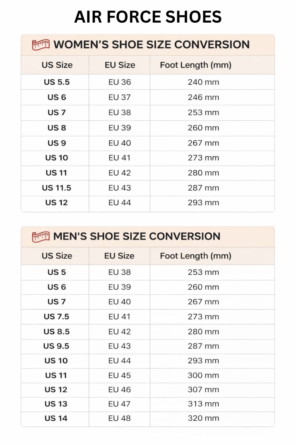 Air Force Shoes Size Chart - Soul Eater Shop