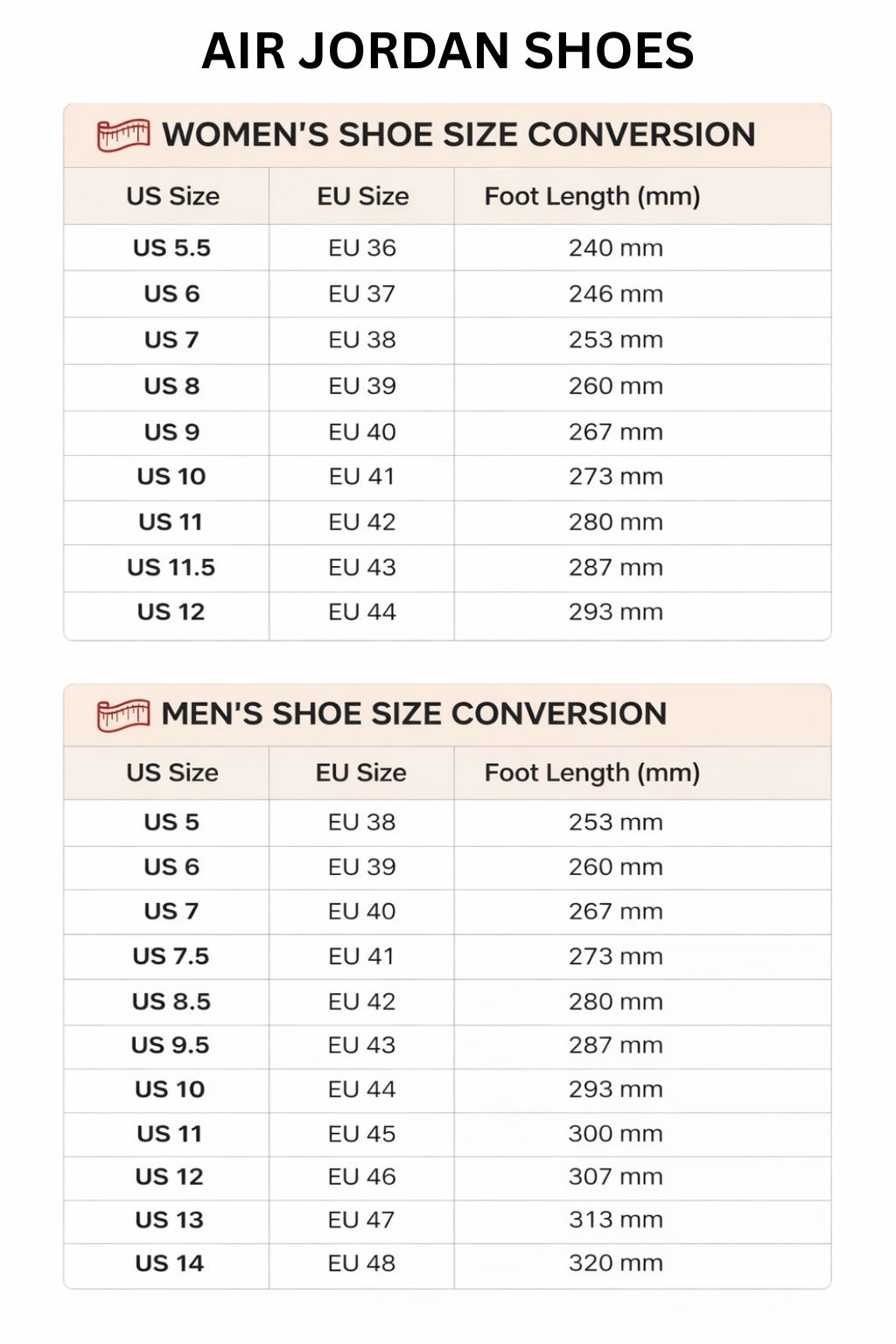 Air Jordan High Low Top Shoes Size Chart - Soul Eater Shop