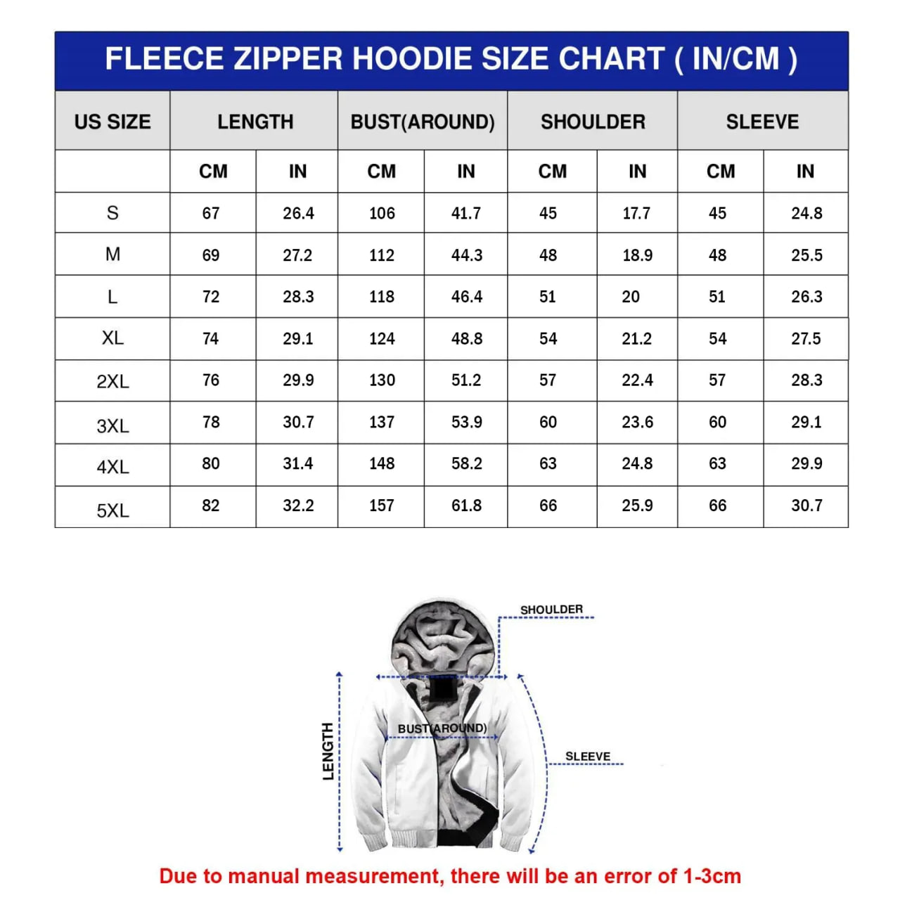 Fleece Zipper Hoodie Size Chart - Soul Eater Shop