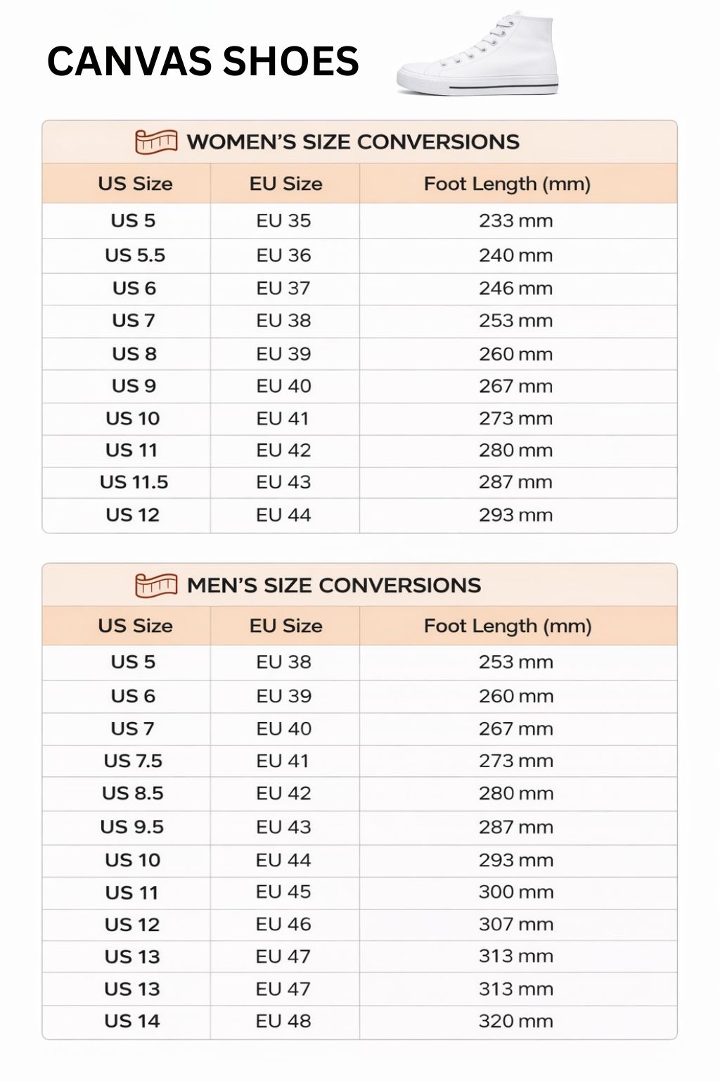 High Top Canvas Shoes Size Chart - Soul Eater Shop