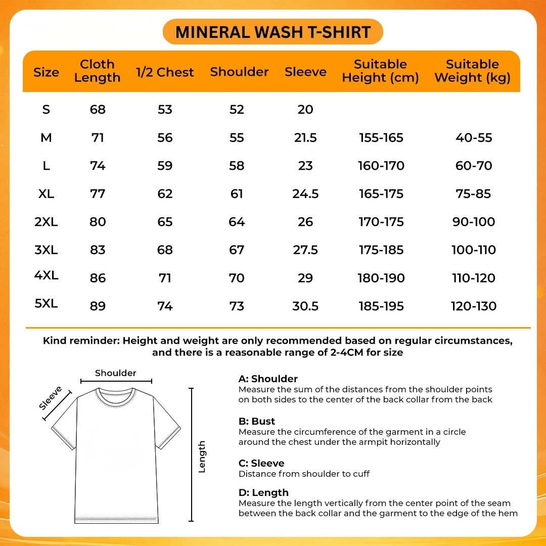 Mineral Wash T Shirt Size Chart - Soul Eater Shop